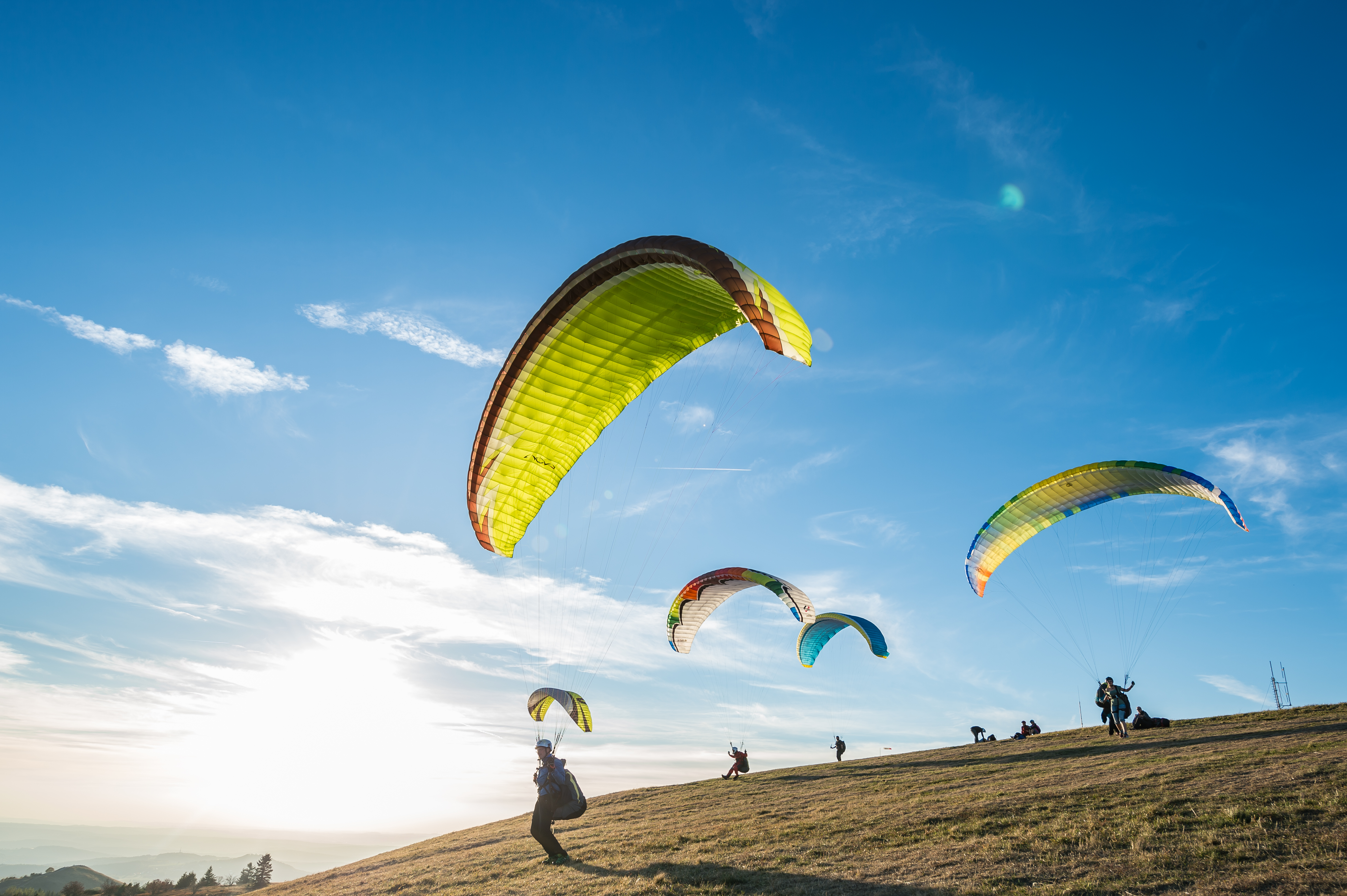 5 Gleitschirmflieger auf dem Boden, mit den Gleitschirmen in der Luft.