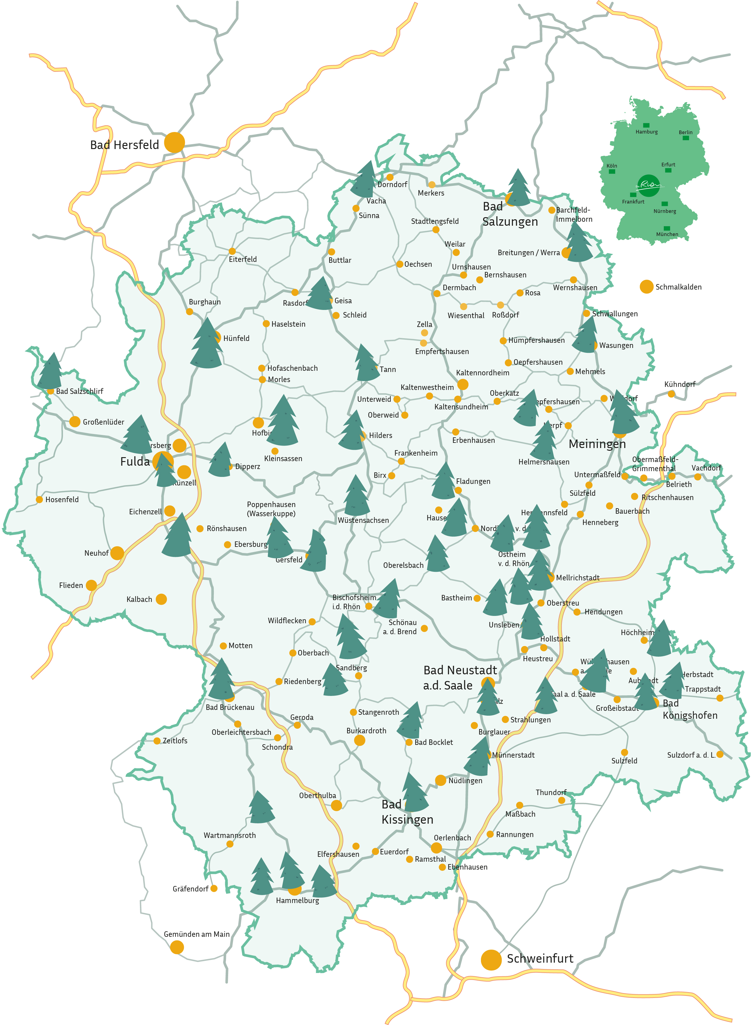 Massstabkarte der Rhön mit den Rhöner Weihnachtsmärkten 2024.