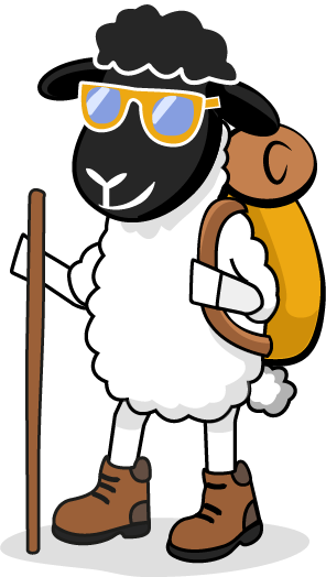 Illustration wanderntes Rhönschaf mit Rucksack, Stock und Sonnenbrille.
