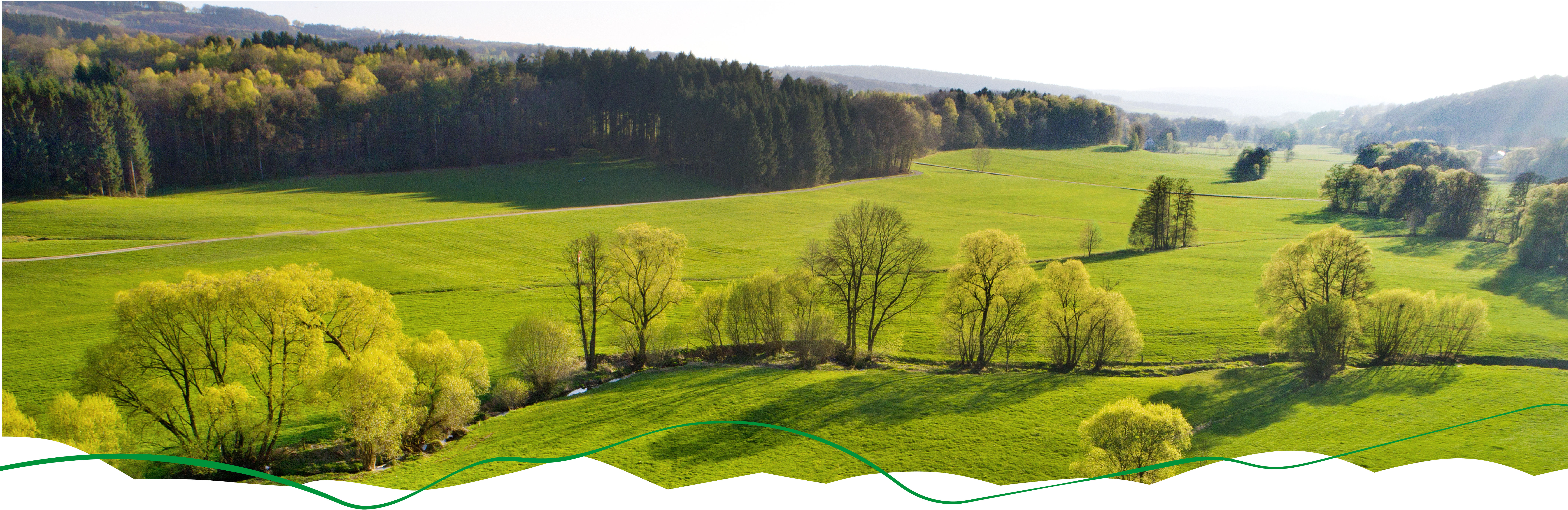 Die Rhön mir grüner Landschaft im Frühling.